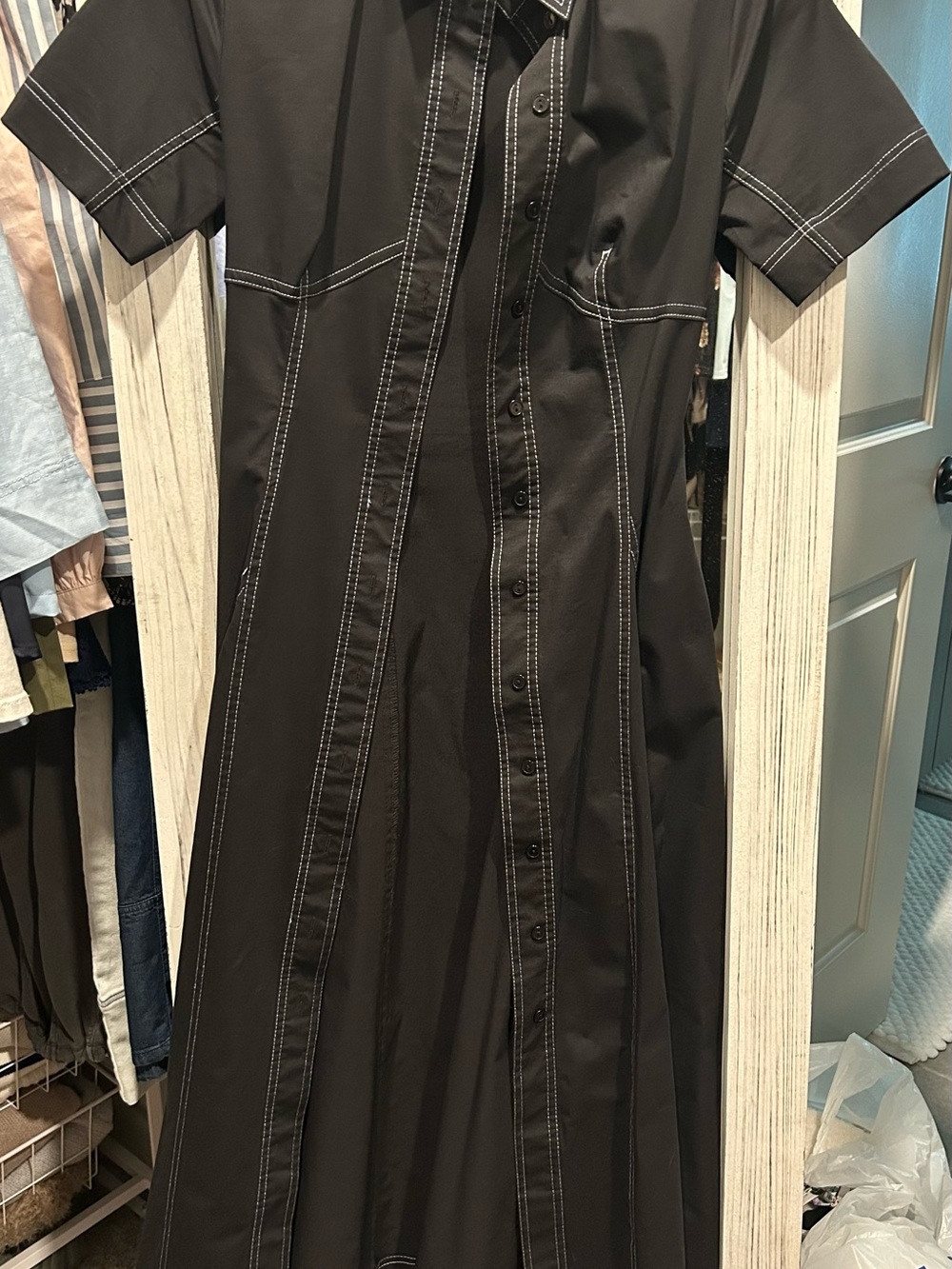 Anthropologie Black Midi Button-Front Dress with Contrast Stitching